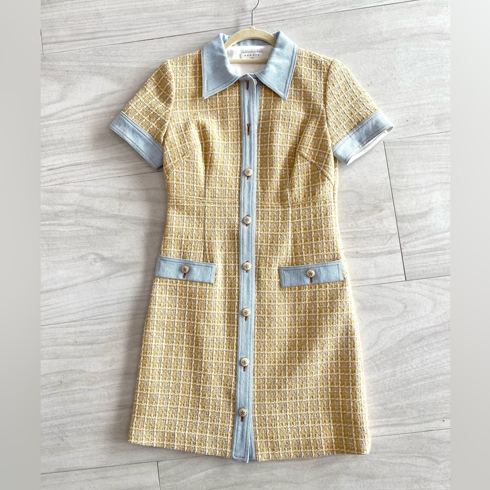Sandro knit dress!! Beige with denim, NWT!! Size 34